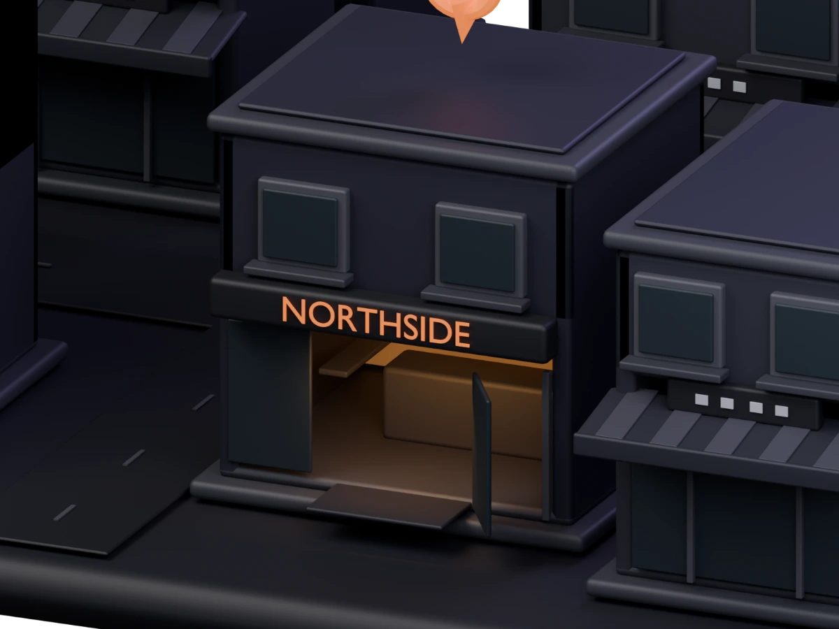 Close-up camera view of Northside’s open entrance, glazing and illuminated sign.
