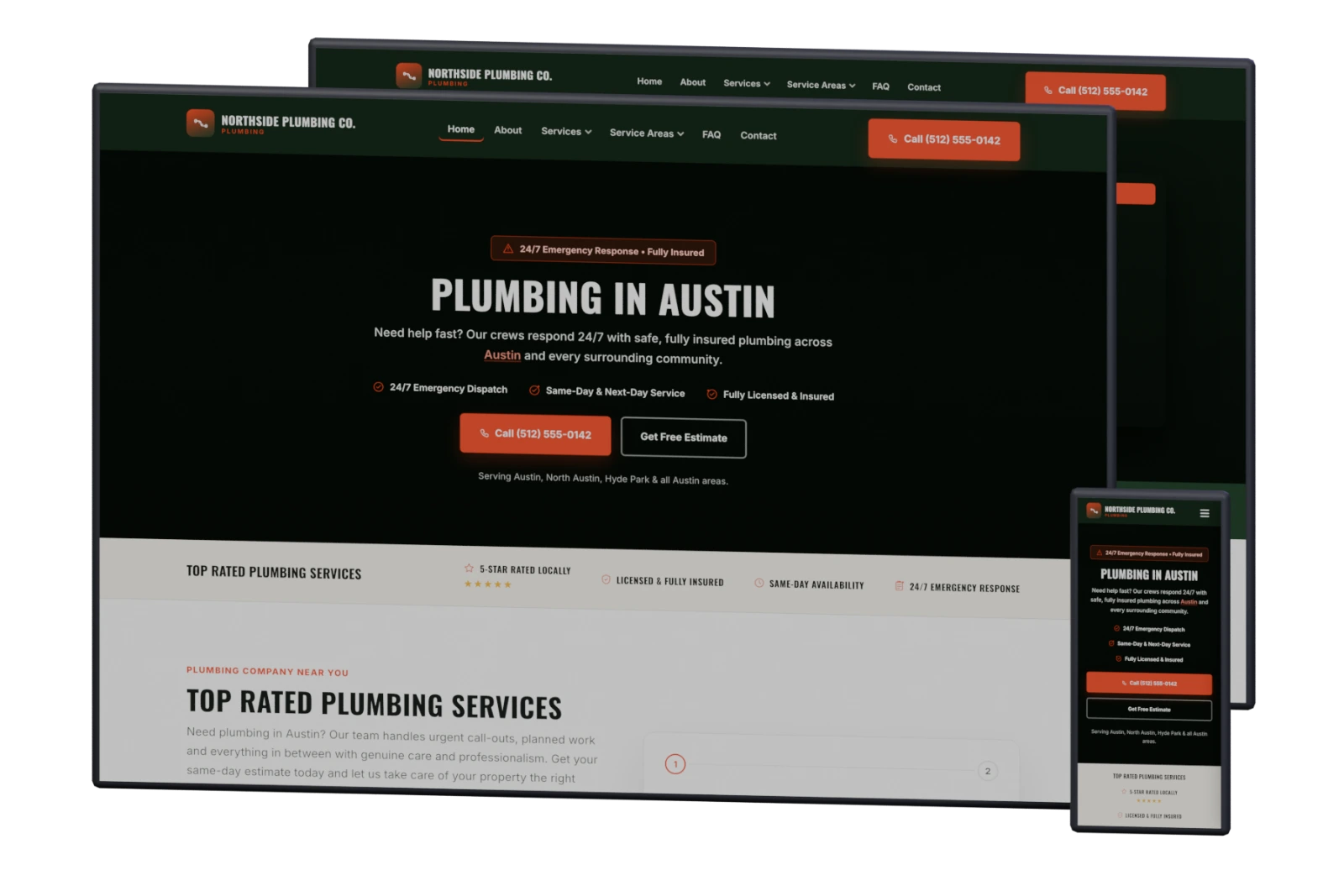 Completed homepage and mobile site, with supporting pages behind.